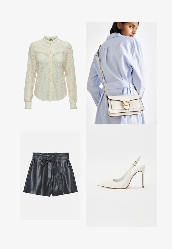 Koronkowa bluzka w kolorze łososiowym z misternymi wzorami, długimi rękawami, zapięciem na guziki z przodu oraz kołnierzykiem mandarynkowym. Delikatne wykończenie przy mankietach.; Czarne skórzane szorty z wysokim stanem, elastycznym paskiem, odpinanym paskiem oraz gładką teksturą. Posiadają płaski przód i boczne kieszenie.; Białe szpilki typu slingback z zaostrzonym noskiem, wykonane z gładkiej skóry, z wąskim, wysokim obcasem i regulowanym paskiem na klamrę. Otwarty tył.; Biała skórzana torebka z złotymi akcentami, z przednią klapą i czarnymi krawędziami, z łańcuszkowym paskiem noszona na krzyż na tle jasnoniebieskiej koszuli.