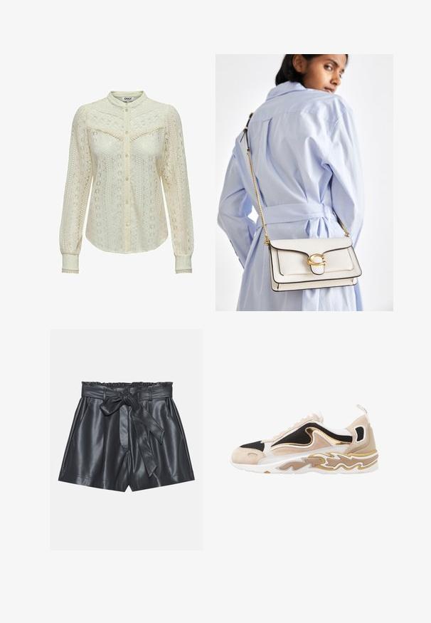 Ofwhite nėrinių palaidinė su sudėtingais raštais, ilgomis rankovėmis, susagstoma priekyje ir mandarinų tipo apykakle. Delikatus apdailos ornamentas ant rankovių.; Juodos oda šortai su aukštu liemeniu, elastinga juosta, nuimama juostos diržu ir lygia tekstūra. Yra lygus priekinis dizainas ir šoninės kišenės.; Batai su juodu tinklo viršumi, rudais zomšiniais akcentais ir auksiniu metaliniu detaliu. Yra baltas padas su bangelės raštu.; Balta odinė rankinė su auksinėmis detalėmis, priekinė kišenė su užtrauktuku ir juodu apvadu, su grandinine petneša, dėvima per kūną prie šviesiai mėlynos marškinės.