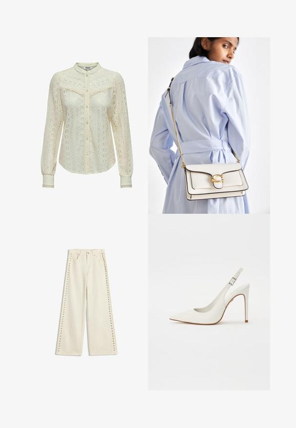 Spitzenbluse in Off-White mit aufwendigen Mustern, langen Ärmeln, einer Knopfleiste und einem Stehkragen. Zarte Verzierung an den Manschetten.; Helle cremefarbene weit geschnittene Jeans mit Metallnieten entlang der äußeren Nähte, fünf Taschen und einem normalen Knopfverschluss.; Weiße Slingbacks mit spitzem Zehenbereich aus glattem Leder, ausgestattet mit einem schlanken, hohen Absatz und einem verstellbaren Schnallenriemen. Offenes Rückendesign.; Weiße Lederhandtasche mit goldenen Beschlägen, einer Klappe an der Vorderseite und schwarzem Rand, ausgestattet mit einer Kettenriemen, der quer über den Körper getragen wird, kombiniert mit einem hellblauen Hemd.