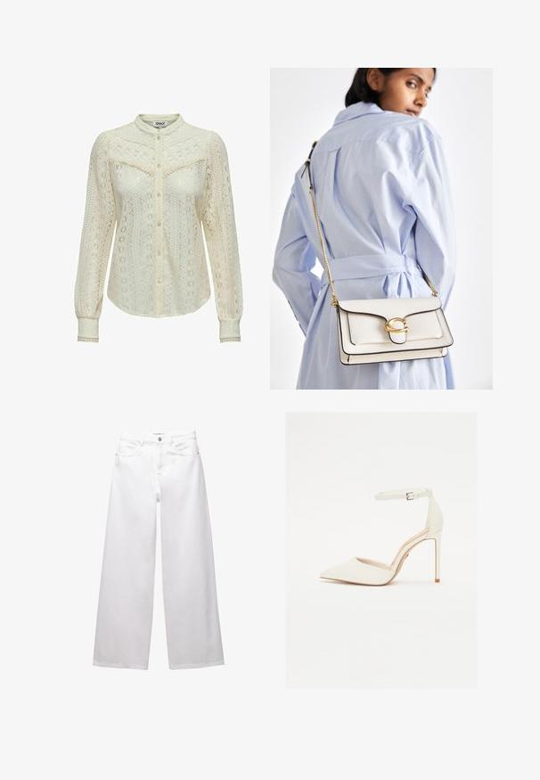 Bluse i blondestof i off-white med indviklede mønstre, lange ærmer, knaplukning foran og mandarin krave. Fint trim ved manchetterne.; Hvide brede ben jeans lavet af denim. Har knaplukning, front- og baglommer samt syede sømme. Glat tekstur med minimal detaljering.; Hvide læder højhælede sko med spids tå og tynd ankelrem. Har en stiletto hæl og minimalistisk design.; Hvid læder håndtaske med guldfarvede detaljer, en frontlås og sort kant, forsynet med en kædedyse, der bæres crossbody over en lyseblå skjorte.