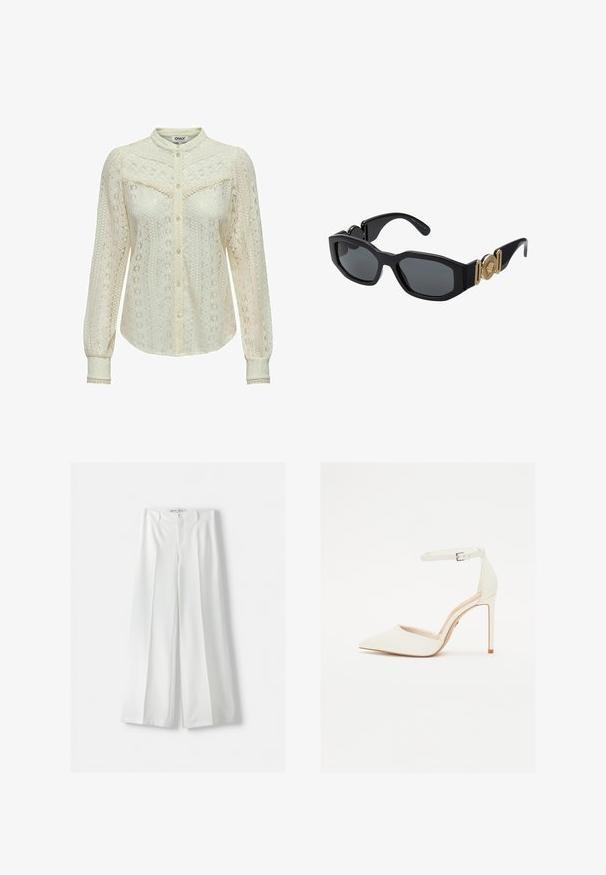 Lace blouse in off-white with intricate patterns, long sleeves, a button-up front, and a mandarin collar. Delicate trim at the cuffs.; Bershka WIDE-LEG TAILORED - Trousers - white; White leather high-heeled shoe with a pointed toe and thin ankle strap. Features a stiletto heel and minimalistic design.; Black sunglasses with a chunky geometric frame, dark lenses, and gold metal accents on the temples featuring a round emblem detail.; White leather handbag with gold hardware, a front flap, and black edging, featuring a chain strap worn crossbody against a light blue shirt.