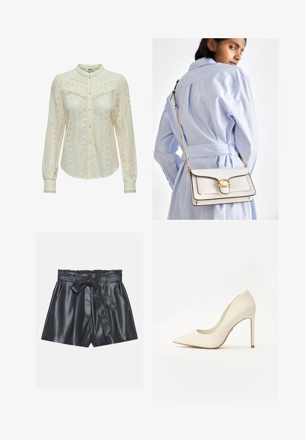 Dlhá čipková blúzka v ofsajdovej farbe s jemnými vzormi, dlhé rukávy, zapínanie na gombíky a mandarinový golier. Jemné lemovanie na manžetách.; Čierne kožené šortky s vysokým pásom, elastickým pásom, odnímateľným opaskom a hladkou textúrou. Majú plochý predný diel a bočné vrecká.; Biele vysoké topánky s úzkou špičkou, hladkým koženým povrchom a štíhlým stiletto podpätkom. Minimalistický dizajn s jemnými akcentmi.; Biely kožený kabelka so zlatým kovovým spracovaním, predným klapkou a čiernymi okrajmi, s reťazovou š strapcom nosenou cez telo na svetlomodrej košeli.