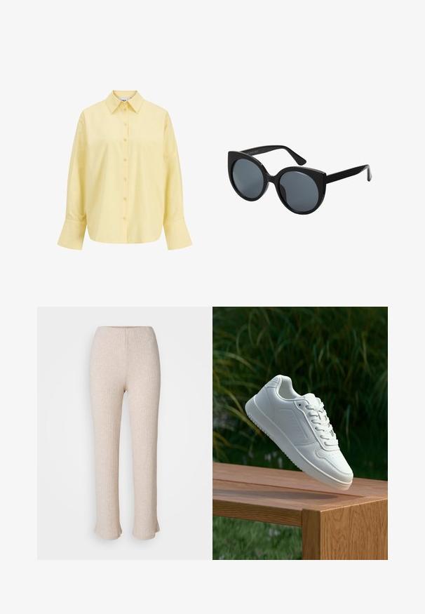 Yellow cotton shirt with a pointed collar, front button closure, long sleeves, and a relaxed fit. Smooth texture and simple design.; Light beige ribbed pants with a straight leg design and flared hem. Made from soft fabric with a subtle texture. Elastic waistband for comfort.; White sneaker with a smooth synthetic upper, perforated toe box, flat laces, and a textured sole, displayed on a wooden surface.; Black oversized sunglasses with cat-eye shape, dark tinted lenses, and glossy plastic frame. Features thick temples for support.; Brown faux leather shoulder bag with curved shape, minimal stitching, and a gold-tone hardware accent. Features a top zipper closure and adjustable strap.