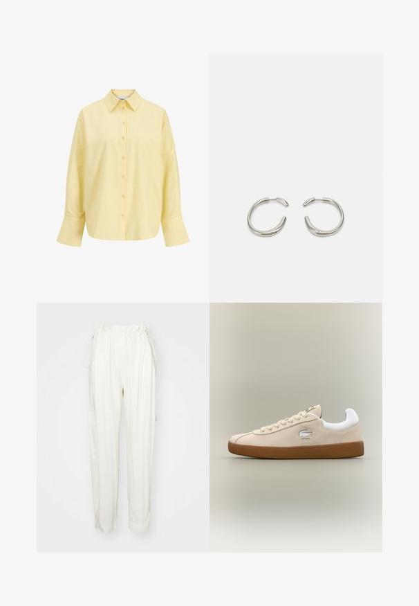 Geel katoenen shirt met een puntkraag, knoopsluiting aan de voorkant, lange mouwen en een comfortabele pasvorm. Gladde textuur en eenvoudig ontwerp.; Crème kleurige broek met een elastische tailleband, zijzakken en een losse pasvorm. Gemaakt van een zachte stof met een gladde textuur.; Beige suède sneaker met witte accenten en rubberen zool. Beschikt over een verhoogd logo aan de zijkant en contrasterende beige veters. Klassiek ontwerp.; Zilveren hoepeloorbellen met een glad, rond ontwerp en een strakke, gepolijste afwerking. Heeft een minimalistische vorm met een lichte opening.