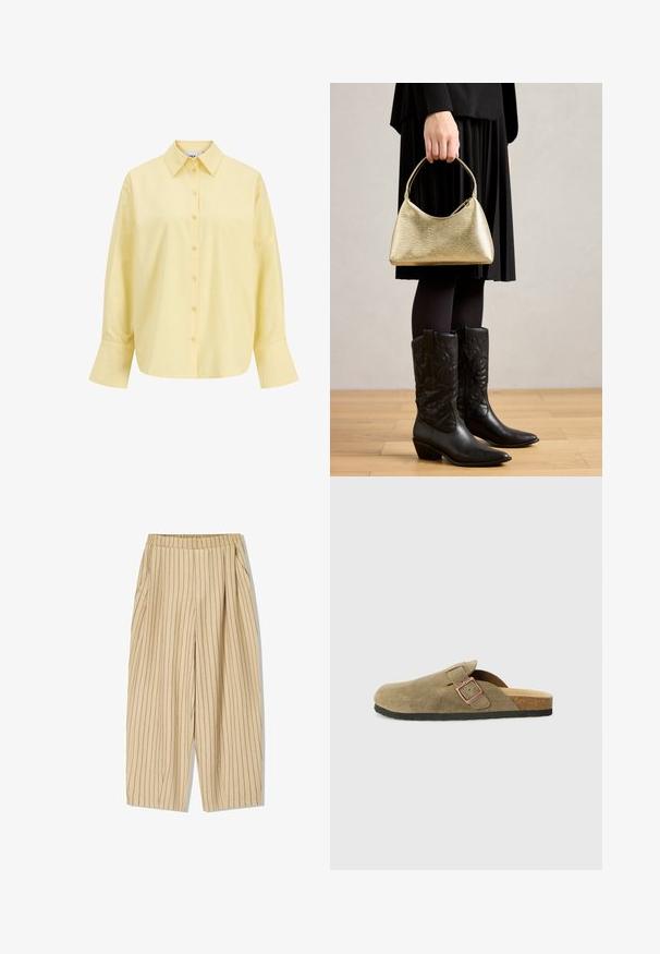 Sárga pamut ing hegyes gallérral, elöl gombos záródással, hosszú ujjal és laza fazonnal. Simább textúra és egyszerű dizájn.; Beige csíkos nadrágok rugalmas derékkal, két oldalsó zsebbel, laza fazonnal és függőleges fekete csíkokkal a részletesség érdekében.; Olívazöld színű, velúr papucs klumpa stílusban, keskeny pánttal és fém csat részlettel. Parafa talppal és fekete gumitalppal rendelkezik.; Arany textúrájú kézi táska, ívelt formával és rövid pánttal, amelyet egy fekete pliszírozott szoknyát és fekete bőr cowboy csizmát viselő személy tart.