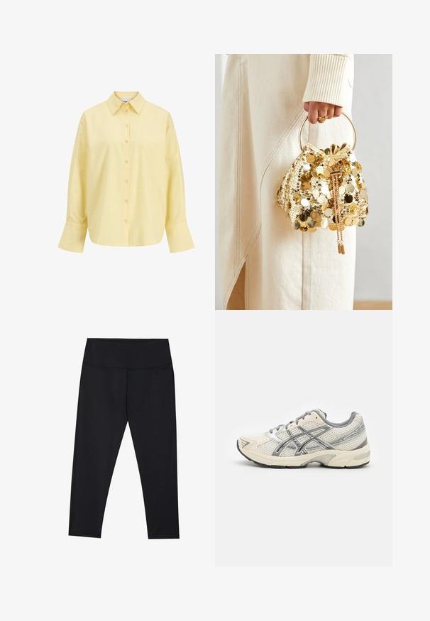 Camicia di cotone gialla con colletto a punta, chiusura frontale con bottoni, maniche lunghe e vestibilità comoda. Tessuto liscio e design semplice.; Leggings neri realizzati in materiale elastico, con vita alta e cuciture piatte. Lunghezza alla caviglia con una superficie liscia e opaca.; Scarpe da corsa con tomaia in rete bianca traspirante, dettagli argentati, lacci grigi e suola in gomma nera resistente. Design leggero e ammortizzato.; Borsa a tracolla con coulisse in paillettes dorate e manico circolare, caratterizzata da paillettes rotonde lucide e un tessuto testurizzato. Le dimensioni non sono fornite.