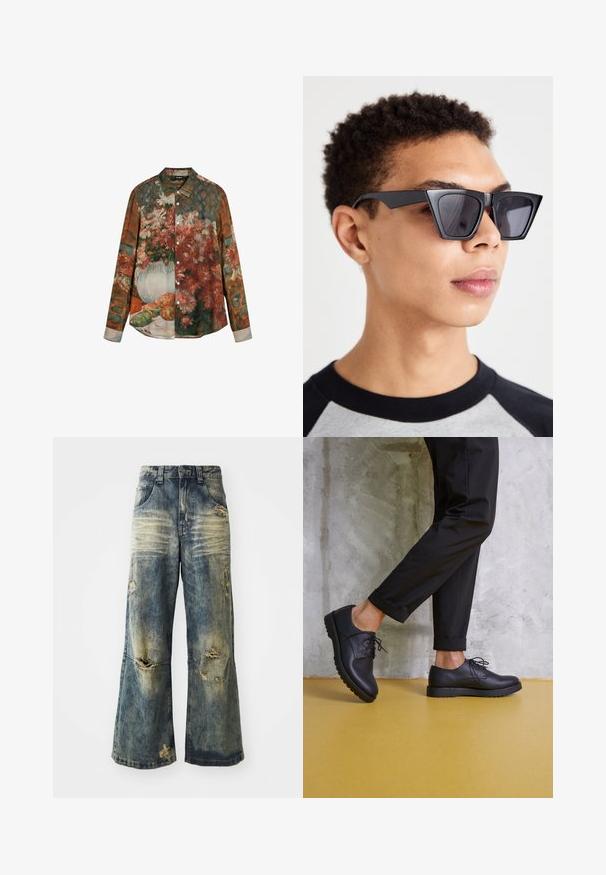 Chemise à manches longues ornée d'un motif floral et fruité coloré, principalement dans les rouges, verts et bleus. Col et poignets à boutons.; Jeans large en denim bleu délavé avec des déchirures usées et un ourlet effiloché. Présente un design traditionnel à cinq poches et des passants de ceinture à la taille.; Chaussures en cuir noir à lacets avec un bout arrondi, surface texturée et semelle en caoutchouc épaisse. Portées avec un pantalon noir retroussé sur un fond en béton.; Lunettes de soleil angulaires noires avec des verres foncés, présentant un design géométrique audacieux et une finition mate. Portées par une personne avec les cheveux courts.