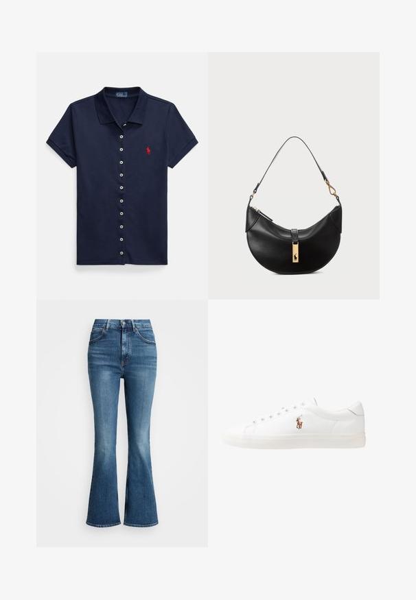 Navy blue polo shirt with a button-down front, short sleeves, and a red logo on the left chest. Made from a textured cotton blend.; High-waisted flared jeans in medium blue denim, featuring a classic five-pocket design and contrast stitching. Edges are raw.; White leather sneakers, low-top design, featuring a smooth texture, round toe, laced front, and a small embroidered logo on the side.; Black leather handbag in a half-moon shape. Features a gold hardware accent and a narrow strap. Smooth texture, zipper closure at the top.