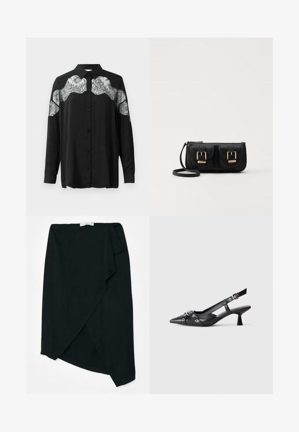 Black button-up shirt with long sleeves. Features a lace overlay across the shoulders, adding texture and pattern contrast to the fabric.; Black wrap skirt in lightweight fabric with a subtle texture. Asymmetrical hemline and side pleat detail. No visible hardware or accents.; Black leather slingback shoe with a pointed toe, decorative straps featuring metal eyelets, and a low block heel. Textured surface.; Black leather crossbody bag with two front pockets, gold buckles, zipper closure, and a slim strap. Textured surface and compact rectangular shape.