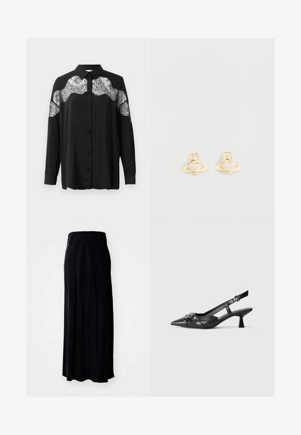 Camicia nera con bottoni e maniche lunghe. Presenta un'applicazione in pizzo sulle spalle, che aggiunge texture e contrasto di pattern al tessuto.; Gonna maxi nera realizzata in tessuto morbido; presenta una silhouette dritta, una trama liscia e un orlo leggermente svasato.; Scarpa slingback nera in pelle con punta affusolata, cinturini decorativi con occhielli metallici e tacco basso a blocco. Superficie testurizzata.; Orecchini a moneta in tono oro con design di Saturno, caratterizzati da una fascia testurizzata e cristalli circolari incastonati per un tocco di brillantezza in più.