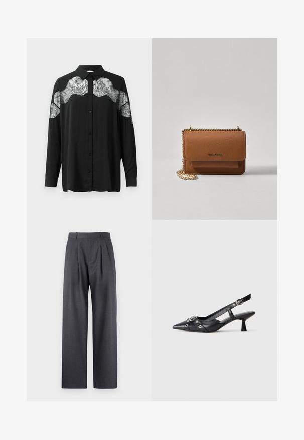 Black button-up shirt with long sleeves. Features a lace overlay across the shoulders, adding texture and pattern contrast to the fabric.; Gray tailored trousers with a straight-leg design, pleated front, and a textured finish, featuring belt loops at the waist.; Black leather slingback shoe with a pointed toe, decorative straps featuring metal eyelets, and a low block heel. Textured surface.; Brown textured leather crossbody bag with gold chain strap and flap closure. Front features logo detail and a pocket under the flap.