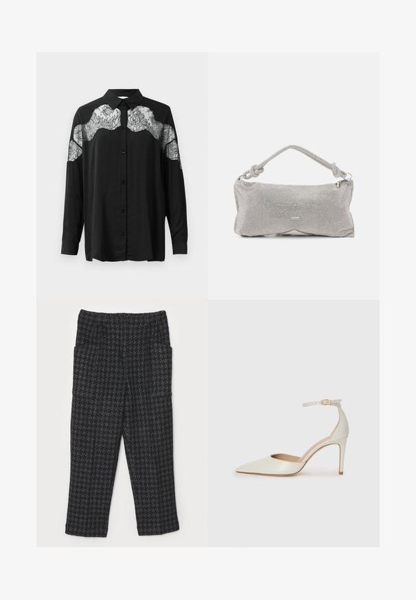 Crna košulja dugih rukava s gumbima. Ima čipkastu oblogu preko ramena, što dodaje teksturu i kontrast uzorku tkanine.; Crne teksturirane hlače s uzorkom jastučića, ravnog kroja, s elastičnom visokim strukom i dva bočna džepa.; Bijela kožna visoko potpetica s oštrim vrhom, remenom oko članaka i tankom stiletto potpeticom. Glatka tekstura s blagim sjajnim završetkom.; Metalna mrežasta torba za rame u srebrnoj boji, s čvorastim ručkom, zatvaranjem na patentni zatvarač i geometrijskim oblikom tijela s glatkom teksturom.