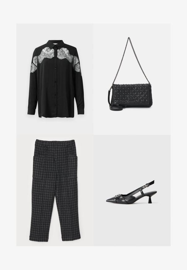 Černá košile na knoflíky s dlouhými rukávy. Obsahuje krajkovou vrstvu přes ramena, která dodává texturu a kontrast vzorů k látce.; Černé strukturované kalhoty s kostkovaným vzorem, rovný střih nohavic, elastický pas a dvě boční kapsy.; Černé kožené slingback boty s špičatou špičkou, dekorativními pásky s kovovými očky a nízkým blokovým podpatkem. Texturovaný povrch.; Černá prošívaná kožená taška s řetízkovým popruhem, zdobená lebkami a se zipovým uzávěrem. Texturovaný povrch s lesklým finišem.