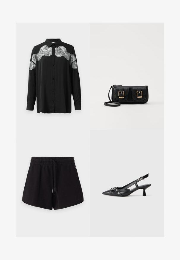 Sort skjorte med lange ærmer. Har et blondeoverlay over skuldrene, der tilføjer struktur og mønsterkontrast til stoffet.; Sorte sportshorts lavet af blødt stof. Har en elastisk talje med snor, sidelommer og en afslappet pasform.; Sort lædersandal med spids tå, dekorative stropper med metaløjer og en lav blokhæl. Struktureret overflade.; Sort læder crossbody taske med to frontlommer, guldspænder, lynlåslukning og en slank rem. Struktureret overflade og kompakt rektangulær form.