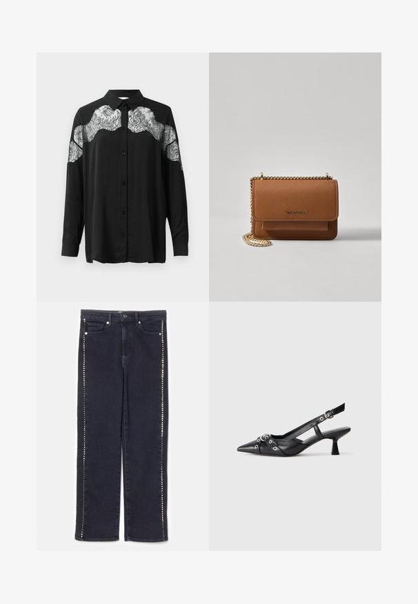 Black button-up shirt with long sleeves. Features a lace overlay across the shoulders, adding texture and pattern contrast to the fabric.; Dark denim jeans featuring a straight-leg design with a row of metallic studs along the side seams, providing a distinctive accent.; Black leather slingback shoe with a pointed toe, decorative straps featuring metal eyelets, and a low block heel. Textured surface.; Brown textured leather crossbody bag with gold chain strap and flap closure. Front features logo detail and a pocket under the flap.