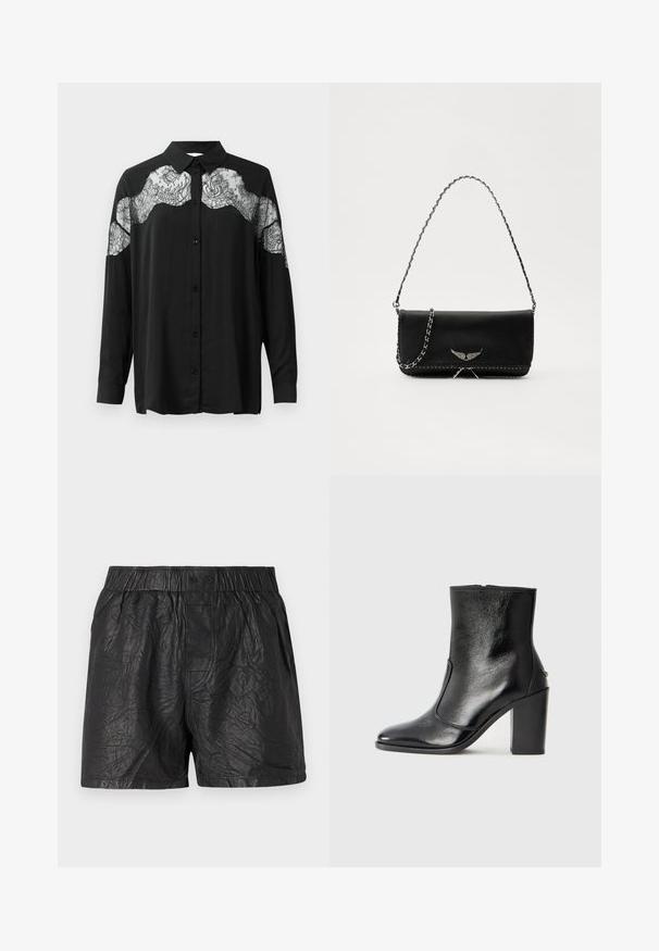 Chemise noire à manches longues. Présente un superposition en dentelle sur les épaules, ajoutant texture et contraste de motifs au tissu.; Shorts noirs en matériau froissé, dotés d'une taille élastique avec deux boutons, d'une coupe au genou et d'une texture lisse.; Bottine en cuir noir, avec une texture lisse, un bout pointu et un talon chunky haut. Présente une ouverture sur le côté et un design minimaliste.; Sac à main en cuir noir avec une bandoulière en chaîne argentée, présentant des accents décoratifs en forme d'ailes et des coutures blanches le long de la couture inférieure.