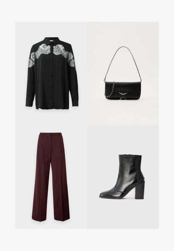 Camisa preta de botão com mangas longas. Apresenta uma sobreposição de renda nos ombros, adicionando textura e contraste de padrão ao tecido.; Calças de perna larga em bordô escuro com textura de tecido suave. Apresentam cintura ajustada, pregas frontais e sem ferragens visíveis.; Bota ankle preta em pele com uma textura suave, bico fino e um salto alto robusto. Apresenta uma abertura lateral e um design minimalista.; Saco de couro preto com uma alça de corrente prateada, apresentando ornamentos em forma de asas e costura branca ao longo da costura inferior.