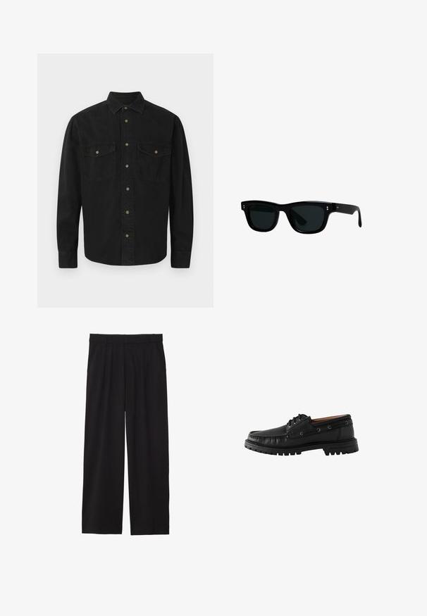 Black button-up shirt made of cotton. Features a collar, two chest pockets, and front button closure. Long sleeves with buttoned cuffs.; Black cotton t-shirt with short sleeves, round neck, and a relaxed fit. Smooth texture and minimalistic design, no patterns or accents.; Black wide-leg trousers with a pleated front, side pockets, and a smooth fabric texture. Designed for a relaxed fit.; Black leather boat shoe with a rounded toe, lace-up design, and textured rubber sole. Features stitching accents and metal eyelets.; Black sunglasses with square frames, dark lenses, and smooth plastic material. Features small, round accents on the front and slender arms.; Digital Casio watch with stainless steel band. Black face displays time and day, features buttons on side, and is water resistant.