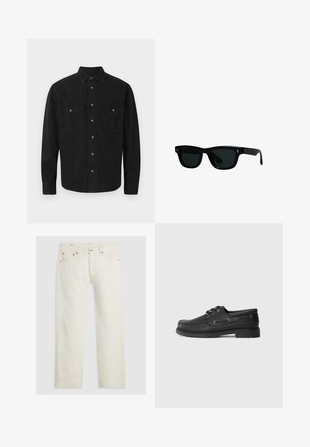 Zwarte overhemd met knopen, gemaakt van katoen. Heeft een kraag, twee borstzakken en een knoopsluiting aan de voorkant. Lange mouwen met knoopmanchetten.; Zwarte katoen t-shirt met korte mouwen, ronde hals en een relaxte fit. Soepele textuur en minimalistisch ontwerp, geen patronen of accenten.; Witte denim jeans met een rechte pijp, zilveren knoopsluiting, oranje stiksels en vijf zakken. De stof heeft een gladde textuur.; Zwarte leren bootshoe met dikke rubberen zool, vetersluiting aan de voorkant en decoratieve zijknopjes op een effen lichtgrijze achtergrond.; Zwarte zonnebril met vierkante monturen, donkere lenzen en glad plastic materiaal. Heeft kleine, ronde accenten aan de voorkant en slanke armen.; Digitale Casio-horloge met roestvrijstalen band. Zwarte wijzerplaat toont tijd en dag, heeft knoppen aan de zijkant en is waterdicht.