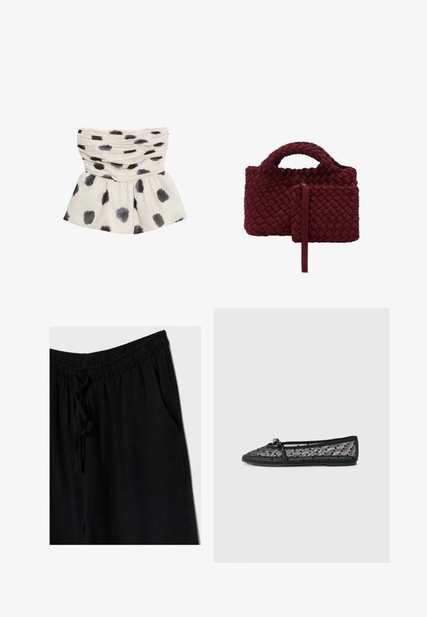 Bluzka w kolorze kremowym z plisowanym wzorem, zdobiona ciemnoszarymi i czarnymi plamkami w stylu akwareli. Miękka tkanina z rozszerzanym dołem.; Czarne spodnie z elastycznym pasem i sznurkiem, o luźnym kroju z bocznymi kieszeniami. Materiał wydaje się miękki i lekki.; Czarne baleriny wykonane z siateczki w groszki. Posiadają cienką paskę i okrągły czubek. Miękka podeszwa i elastyczna konstrukcja.; Bordowa torebka pleciona o wyraźnym kształcie, z małą przednią kieszonką i uchwytem u góry. Gładka faktura z plecionym wzorem.