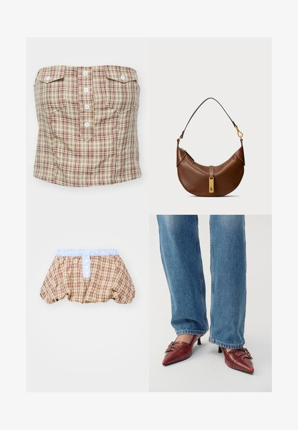 Pojazdno brezramensko zgornje oblačilo v svetlem bež odtenku z maroon in zelenim karirastim vzorcem. Ima štiri sprednje gumbe in dva žepa na prsih.; Karirane pufaste hlače v rjavi, bež in rdeči barvi z lahnim modrim pasom z črtami in gumbnimi detajli spredaj.; Rdeče usnjene čevlje s koničastim prstom in majhnim peto, okrašene s horizontalnim šivom in dvema srebrnima zaponkama, nosi s modrimi kavbojkami.; Rjava usnjena torba za ramensko nošenje s ukrivljeno obliko, zlatim dodatkom, detajlom na zgornjem zapiranju in logotipom. Gladka tekstura s šivi.