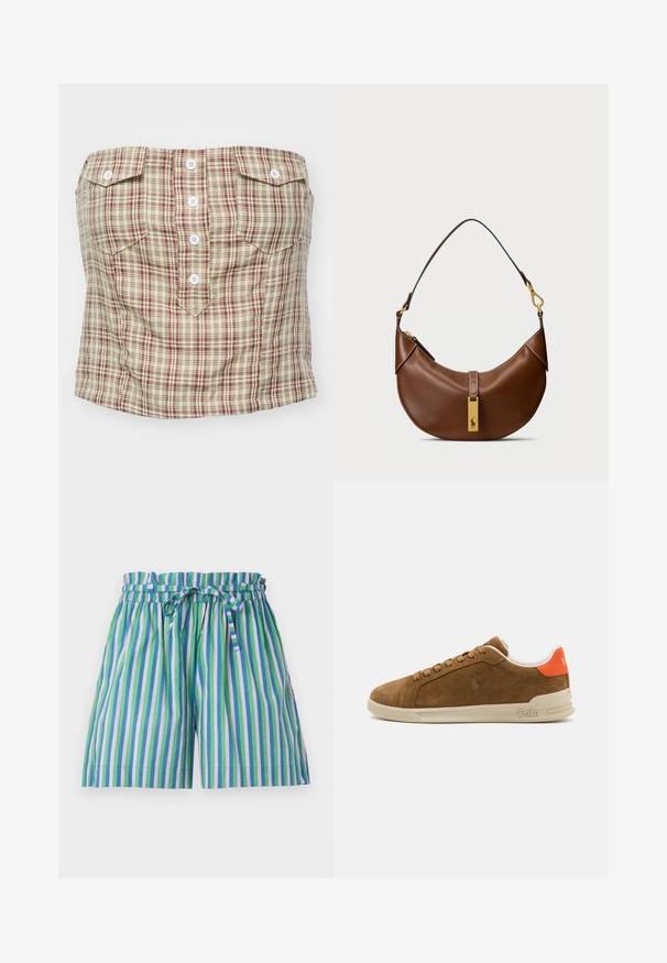 Bezešvý top v světle béžové barvě s kostkovaným vzorem v tmavě červené a zelené barvě. Obsahuje čtyři přední knoflíky a dvě náprsní kapsy.; MILLE CARY - Šortky - multicoloured; Hnědé semišové tenisky s krémovou gumovou podrážkou, vybavené oranžovými akcenty na patě a malým detailem loga na boku.; Hnědá kožená taška přes rameno se zakřiveným tvarem, zlatými kovovými doplňky, detaily s vrchním zámkem a akcentem loga. Hladký povrch s prošívanými okraji.