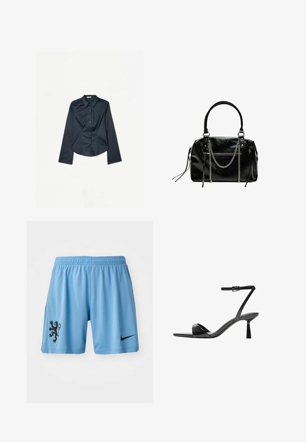 Dunkelblaues Langarmhemd aus glattem Stoff, mit einem spitzen Kragen, Knopfleiste und einem abgerundeten Saum.; Helle blaue Sportshorts aus atmungsaktivem Material, mit einem schwarzen Löwenemblem auf dem linken Bein und einem schwarzen Nike-Logo auf der rechten Seite.; Bershka High Heel Sandalette - black; Bershka WITH CHAIN - Handtasche - black