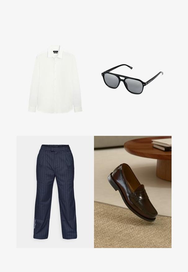 Weißes Langarmhemd mit klassischem Kragen, Knopfleiste und taillierten Manschetten. Glattes Material mit dezentem Glanz. Etikett am Kragen sichtbar.; Marineblaue Nadelstreifenhose mit elastischem Bund, zwei vorderen Taschen und gesticktem Logodetail nahe dem Saum. Glatte Stoffstruktur.; Braune Leder-Lederschuhe mit glänzender Oberfläche, die eine gestickte Detail entlang der Vorderseite und eine niedrigprofilierte schwarze Gummisohle aufweisen.; Schwarze Sonnenbrille mit rechteckigen Rahmen, grauen getönten Gläsern und einer Aussparung im Nasensteg. Schlanker, glänzender Kunststoff, mit schmalen Bügeln.