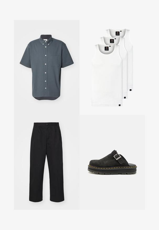 Korte ærmer knap-op skjorte i mørkegrå vaffelstruktureret stof med en brystlomme og hvide knapper. Rundet kant i bunden.; Tre hvide ribbede tanktops lavet af bomuld. Har en rund hals og små sorte mærker nær sømmen. Fås i flere størrelser.; Sorte bomuldsbukser med lige pasform, der har en knaplukning, to frontlommer og en glat tekstur.; Sort ruskindstræsko med justerbar rem, der har en tyk sort gummisål og kontrasterende gul syning langs kanten.