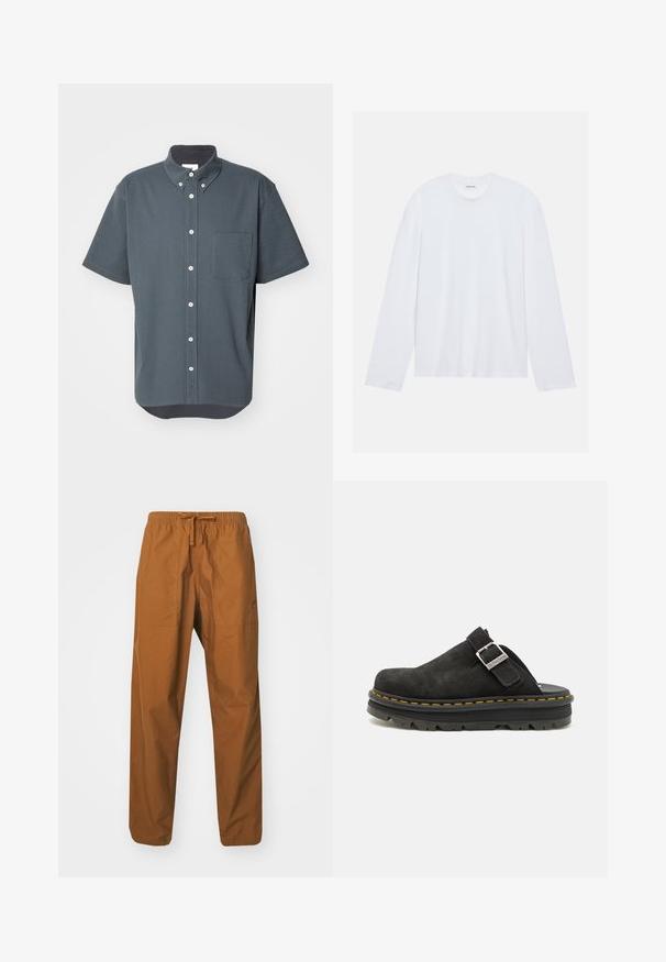 Camisa de botão de mangas curtas em tecido texturizado tipo waffle cinza-escuro, com um bolso no peito e botões brancos. Base arredondada na parte inferior.; Camiseta de manga longa branca feita de algodão. Apresenta um decote redondo clássico e costuras de ombro caídas, com uma textura lisa e simples.; Calças castanhas, leves, com cordão na cintura elástica, apresentando dois bolsos laterais e uma textura suave.; Clog de camurça preta com faixa ajustável, apresentando uma sola de borracha preta grossa e costura amarela contrastante ao longo da borda.