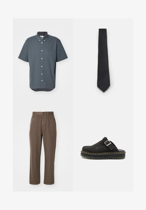 Short-sleeve button-up shirt in dark gray waffle-textured fabric with a chest pocket and white buttons. Rounded hem at the bottom.; Brown cotton pants with a straight-leg design, featuring two front pockets, a zipper fly, and a button closure.; Black suede clog with adjustable strap, featuring a thick black rubber sole and contrasting yellow stitching along the edge.; Narrow black tie with a textured, diagonal ribbed pattern. Features a pointed tip and a smooth finish. Suitable for formal wear.