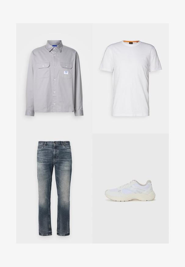 Siva dolga majica z dolgimi rokavi, narejena iz bombaža, z ovratnikom na gumb, dvema žepoma na prsih in majhno blagovno oznako na levem žepu.; Bela bombažna majica s kratkimi rokavi in okroglim izrezom, z diskretnim reliefnim logotipom na prsih. Notranja oznaka ima oranžni akcent.; Modre kavbojke s naravnim reza. Svetle izbledelosti, klasična zasnova s petimi žepi in en sam kovinski gumb za zapiranje v pasu.; Bela športna obuvala iz mrežastega in semiš materiala, z teksturiranim podplatom, teksturiranimi dodatki in logotipom "HUGO" na strani.