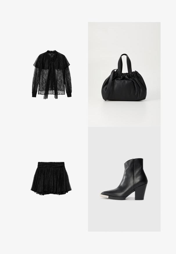 Musta pitsipusero, jossa on rusetti edessä, pitkät hihat kerätyillä kalvosimilla ja kerroksellinen kaulus, luoden teksturoidun, puoliläpinäkyvän ilmeen.; Musta pitsihame, jossa on laskosmainen muotoilu, istuva vyötärönauha ja kerroksellinen tulle-alushame lisätilavuuden ja tekstuurin takaamiseksi.; Mustat nahka nilkkurit, joissa on terävä varvas, korkea lohkarekorko ja hopeinen kärkitietue. Sujuva pinta ja yksinkertainen muotoilu.; Musta nahkabag, jossa on kerätty yläosa. Varustettu kahdella lyhyellä kantokahvalla ja pitkällä säädettävällä hihnalla. Sileä pinta, pyöreä muoto.