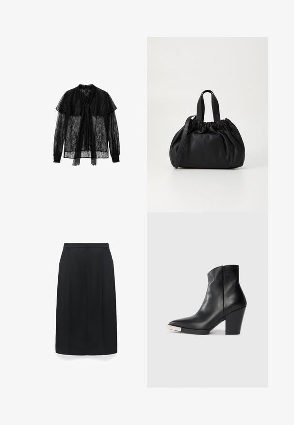 Zwarte kanten blouse met een striksluiting aan de voorkant, lange mouwen met geplooide manchetten en een gelaagde kraag, wat zorgt voor een gestructureerd, semi-transparant ontwerp.; Zwarte midi rok met zijzakken en een rechte silhouette, ontworpen met een cleane tailleband en een detail in de voornaad.; Zwarte leren enkelboot met een spitse neus, hoge blokhak en zilveren teendopdetail. Glad oppervlak en eenvoudig ontwerp.; Zwarte leren handtas met een geplooid ontwerp aan de bovenkant, voorzien van twee korte handvatten en een lange verstelbare schouderband. Gladde textuur, ronde vorm.