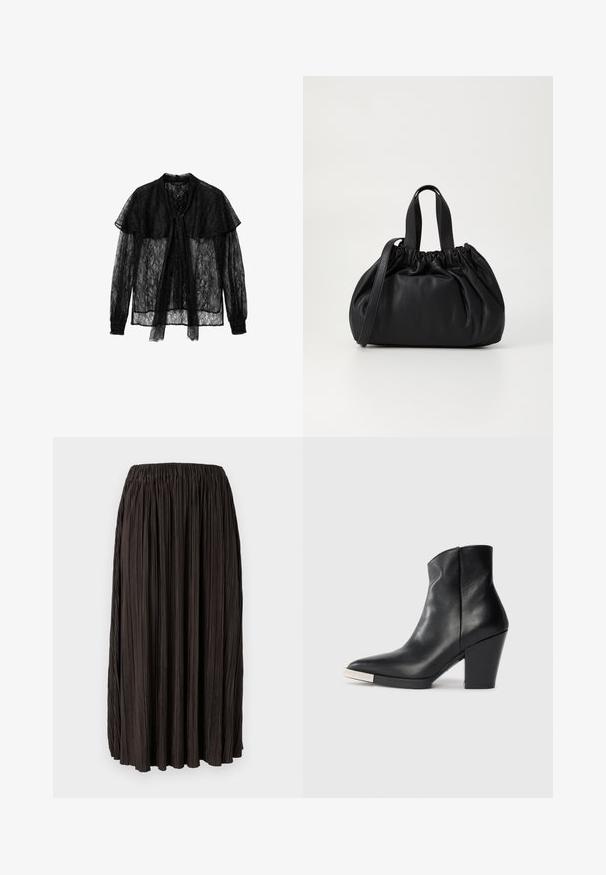 Black lace blouse featuring a bow tie front, long sleeves with gathered cuffs, and a layered collar, creating a textured, semi-transparent design.; Pleated black skirt with an elastic waistband, made from lightweight fabric. Features vertical folds across the entire surface, no additional accents.; Black leather ankle boot with a pointed toe, high block heel, and silver toe cap detail. Smooth texture and simple design.; Black leather handbag with a gathered top design, featuring two short handles and a long adjustable strap. Smooth texture, rounded shape.