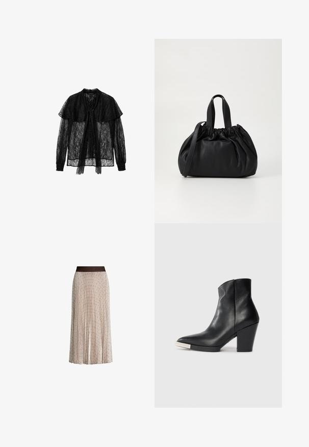 Blusa in pizzo nero con fiocco sul davanti, maniche lunghe con polsini arricciati e colletto a strati, che crea un design testurizzato e semi-trasparente.; Gonna midi beige plissettata con sottile motivo geometrico e vita scura con logo "JOOP!" in rilievo.; Stivale alla caviglia in pelle nera con punta affilata, tacco a blocco alto e dettaglio in metallo argentato sulla punta. Texture liscia e design semplice.; Borsa a tracolla in pelle nera con design a cima arricciata, dotata di due manici corti e di una lunga tracolla regolabile. Texture liscia, forma arrotondata.