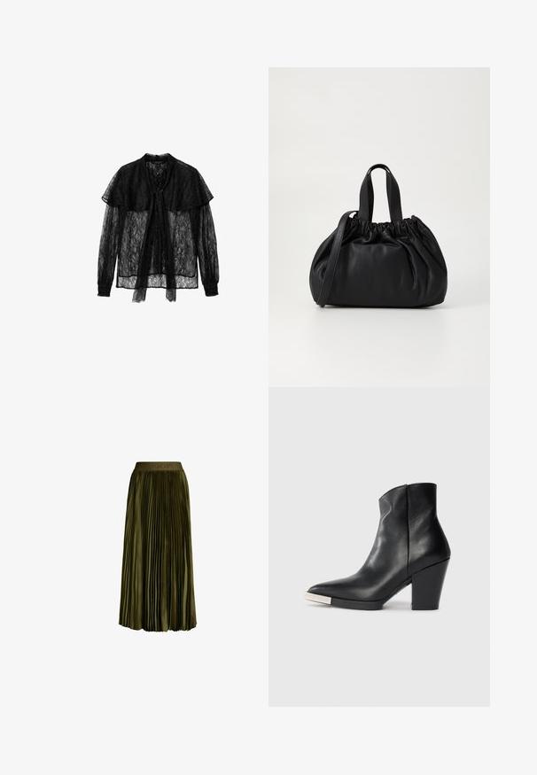 Zwarte kanten blouse met een striksluiting aan de voorkant, lange mouwen met geplooide manchetten en een gelaagde kraag, wat zorgt voor een gestructureerd, semi-transparant ontwerp.; Olijfgroene mid-lange geplooide rok met elastische tailleband, voorzien van subtiel "JOOP!" logo, satijnachtige stof en een zwierige silhoeet.; Zwarte leren enkelboot met een spitse neus, hoge blokhak en zilveren teendopdetail. Glad oppervlak en eenvoudig ontwerp.; Zwarte leren handtas met een geplooid ontwerp aan de bovenkant, voorzien van twee korte handvatten en een lange verstelbare schouderband. Gladde textuur, ronde vorm.