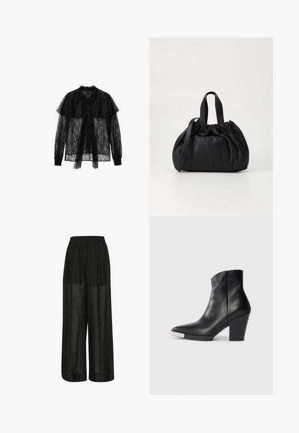 Čierna čipkovaná blúzka s mašľou vpredu, dlhými rukávmi so zhromaždenými manžetami a vrstveným golierom, vytvárajúcim textúrovaný, polopriehľadný dizajn.; Čierne široké nohavice vyrobené z priesvitného materiálu, s elastickým pásom a šnúrkou pre nastaviteľný strih a hladkú textúru.; Čierna kožená členková topánka s špicatou špičkou, vysokým blokovým podpätkom a strieborným detailom na špičke. Hladká textúra a jednoduchý dizajn.; Čierna kožená kabelka so zberaným vrchom, s dvoma krátkymi držadlami a dlhým nastaviteľným popruhom. Hladká textura, zaoblený tvar.