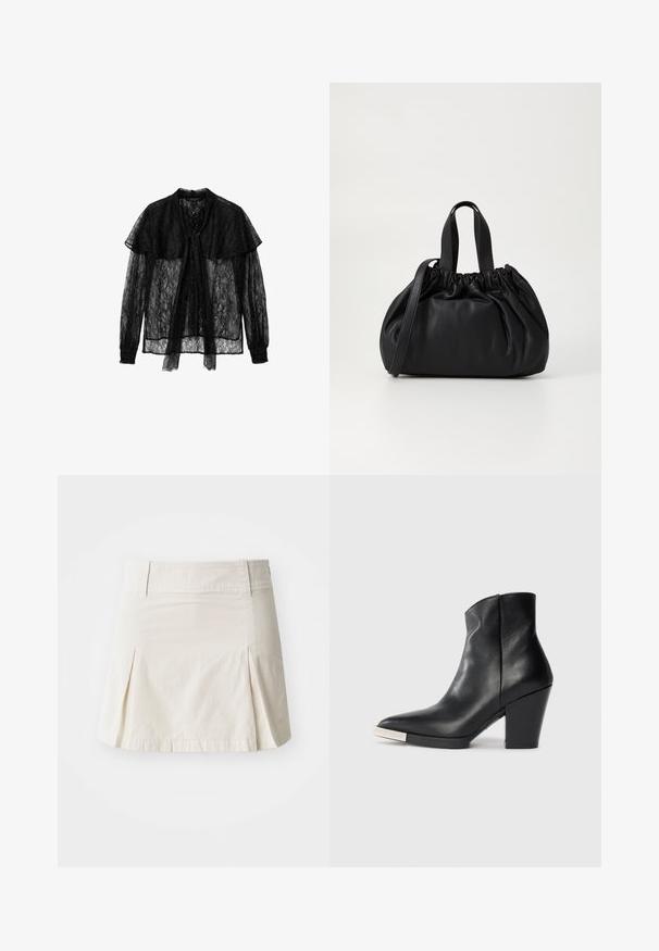 Svart spetsblus med knytning framtill, långa ärmar med rynkade manschetter och en lager-på-lager-krage som skapar en texturerad, halvgenomskinlig design.; Ljusbeige bomullskjol med fitted midja, plisserad design och rak nederkant, med en mjuk textur och utan synlig hårdvara.; Svart läder ankelsko med spetsig tå, hög blockklack och detaljer i silver på tån. Slät textur och enkel design.; Svart läderhandväska med en samlad toppdesign, som har två korta handtag och ett långt justerbart axelband. Slät textur, rund form.