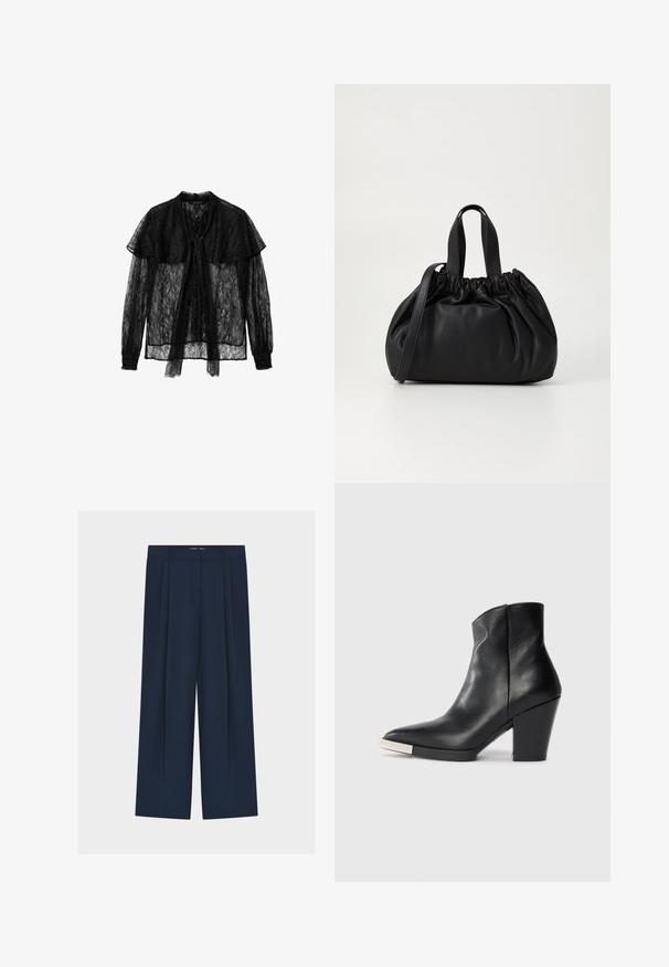 Blusa in pizzo nero con fiocco sul davanti, maniche lunghe con polsini arricciati e colletto a strati, che crea un design testurizzato e semi-trasparente.; Pantaloni ampi blu navy a vita alta, con design plissettato, tessuto liscio e chiusura frontale nascosta.; Stivale alla caviglia in pelle nera con punta affilata, tacco a blocco alto e dettaglio in metallo argentato sulla punta. Texture liscia e design semplice.; Borsa a tracolla in pelle nera con design a cima arricciata, dotata di due manici corti e di una lunga tracolla regolabile. Texture liscia, forma arrotondata.