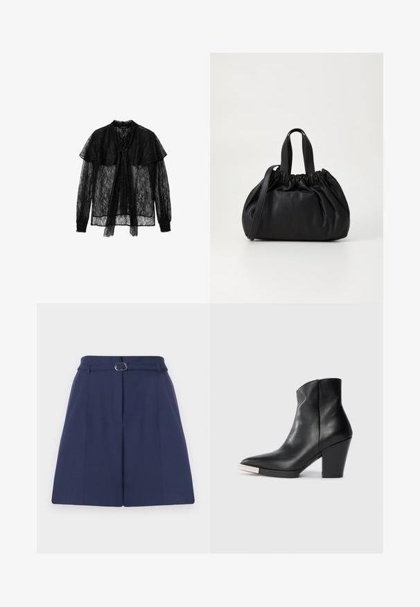 Juoda nėriniuota palaidinė su priekyje suveržtų kaspinu, ilgomis rankovėmis su surinktomis rankogaliais ir sluoksniuotu apykakle, sukurianti tekstūruotą, pusiau skaidrų dizainą.; Tamsiai mėlynos pritaikytos šortai su diržu, su diržo kilpa, raukšlėmis ir lygia audinio tekstūra. Standartinis tiesus kirpimas.; Juodas odinis kulkšninis botas su smailiu pirštu, aukštu blokuotu kulnu ir sidabriniu piršto dangteliu. Lygus paviršius ir paprastas dizainas.; Juoda odinė rankinė su susiraukšlėjusiu viršumi, su dviem trumpomis rankenėlėmis ir ilga reguliuojama juosta. Lygus paviršius, apvalios formos.