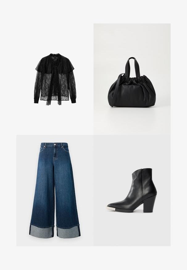 Blusa de encaje negro con lazo en el frente, mangas largas con puños fruncidos y cuello de capas, que crea un diseño texturizado y semitransparente.; Jeans de mezclilla de pierna ancha en lavado oscuro con un acabado deslavado. Presentan un dobladillo sin acabado y un puño de mezclilla más clara. Incluyen bolsillos frontales y cierre de botón.; Botín de cuero negro hasta el tobillo con punta afilada, tacón bloque alto y detalle en la punta en plata. Textura suave y diseño sencillo.; Bolso de mano de cuero negro con un diseño de parte superior fruncida, que cuenta con dos asas cortas y una correa larga ajustable. Textura suave, forma redondeada.