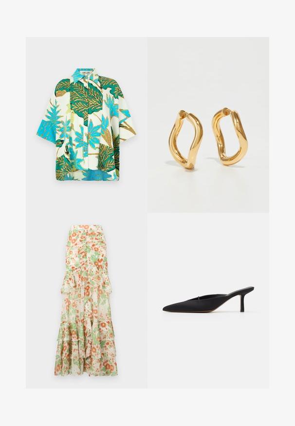 Chemise à manches courtes à motifs floraux avec un imprimé de feuilles vert, bleu et blanc, dotée d'un bouton sur le devant et d'une coupe décontractée.; Jupe maxi florale avec un fond crème, imprimé de fleurs orange et vertes, couches froncées et design de taille ajustée.; Mule noir à bout pointu avec un design élégant, fabriqué en tissu lisse, présentant un talon fin et un dos ouvert pour faciliter l'enfilage.; Boucles d'oreilles en forme de cerceau de couleur dorée avec une forme courbée et irrégulière et une texture lisse et polie. Aucun matériel ou accent visible.