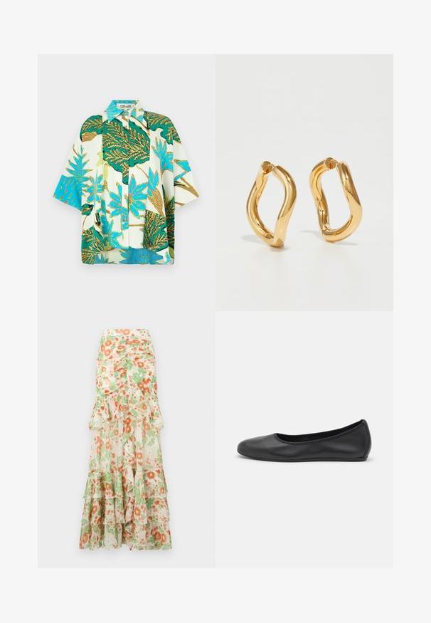 Chemise à manches courtes à motifs floraux avec un imprimé de feuilles vert, bleu et blanc, dotée d'un bouton sur le devant et d'une coupe décontractée.; Jupe maxi florale avec un fond crème, imprimé de fleurs orange et vertes, couches froncées et design de taille ajustée.; Ballerines en cuir noir avec un bout rond, texture lisse, détails de couture minimalistes et design de semelle flexible.; Boucles d'oreilles en forme de cerceau de couleur dorée avec une forme courbée et irrégulière et une texture lisse et polie. Aucun matériel ou accent visible.
