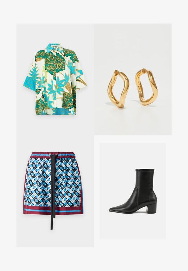 Camicia a maniche corte con stampa floreale caratterizzata da un vivace motivo di foglie verdi, blu e bianche, con chiusura a bottone e vestibilità rilassata.; Gonna corta con un motivo geometrico blu e nero, cintura elastica con cordino e bordo bordeaux lungo il fondo.; Stivale alla caviglia nero in pelle liscia, con punta appuntita, tacco a blocco e cuciture raccolte distintive lungo il bordo superiore.; Orecchini a cerchio color oro con una forma curva e irregolare e una superficie liscia e lucida. Nessun hardware o accenti visibili.