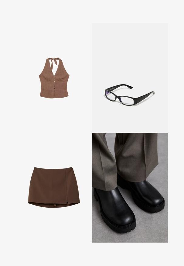 Brun halterneck top lavet af tekstureret stof, med en V-hals, knaplukning foran og snorelukning i nakken. Tætsiddende bodice-design.; Brun mininederdel lavet af glat stof, med en frontslids, rene linjer og en struktureret pasform. Ingen lommer eller markante hardware detaljer.; Sorte læder ankelstøvler med en kraftig gummisål, glat overflade, rund tå og minimal detaljer. Sammen med lysegrå bukser.; Sorte rektangulære briller med klare linser. Blank finish, smalle stænger, og lilla nuance synlig i kanterne af linsen.; Sølv rustfrit stål ur med firkantet kasse, hvid skive, analog og digital visning samt metal link armbånd. Vandtæt design.