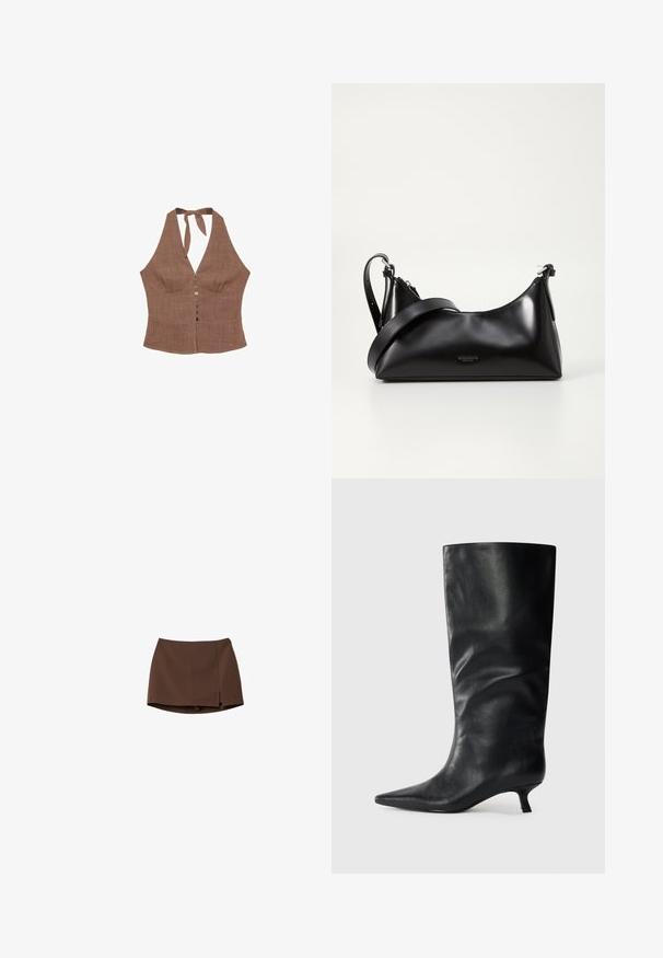 Rjav halter top iz teksturiranega materiala, z V-izrezom, gumbnim zapiranjem spredaj in zavezovanjem okoli vratu. Oblika tesno prilegajočega korpusa.; Rjava krila iz gladkega materiala, s preprosto ravno silhueto in stranskim razporkom. Enostavno oblikovanje brez vzorcev ali kovinskih detajlov.; Črne usnjene škornje do kolen s koničastim nosom in nizko peto, prikazane na enostavni svetli podlagi.; Črna usnjena torbica z gladko teksturo. Ima nastavljiv trak in eleganten, minimalističen dizajn z zadrgo.; Srebrna ura iz nerjavečega jekla s kvadratno ohišjem, belo številčnico, analognim in digitalnim prikazom ter kovinskim linkovnim zapestjem. Vodoodporna zasnova.