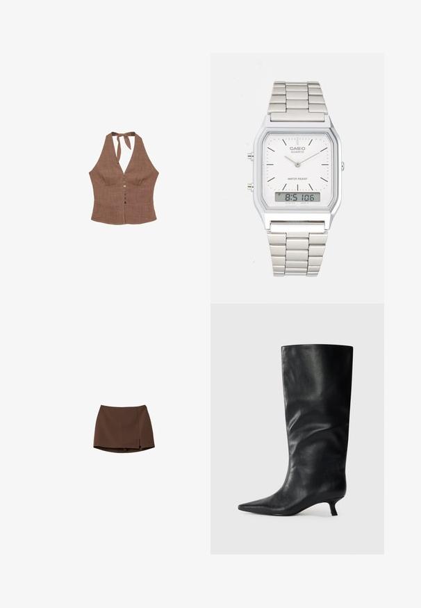 Brązowy top na ramiączkach wykonany z teksturowanej tkaniny, z dekoltem w kształcie litery V, zapięciem na guziki z przodu oraz zawiązywaniem na szyi. Dopasowany krój w okolicy biustu.; Brąskowa spódnica wykonana z gładkiego materiału, o prostym kroju i bocznym rozcięciu. Prosty design bez wzorów ani detali metalowych.; Czarny skórzany but do kolan z ostrym noskiem i niskim obcasem typu kitten heel, zaprezentowany na jednolitym jasnym tle.; Srebrny zegarek ze stali nierdzewnej z kwadratową kopertą, białą tarczą, analogowym i cyfrowym wyświetlaczem oraz metalową bransoletą. Wodoodporna konstrukcja.