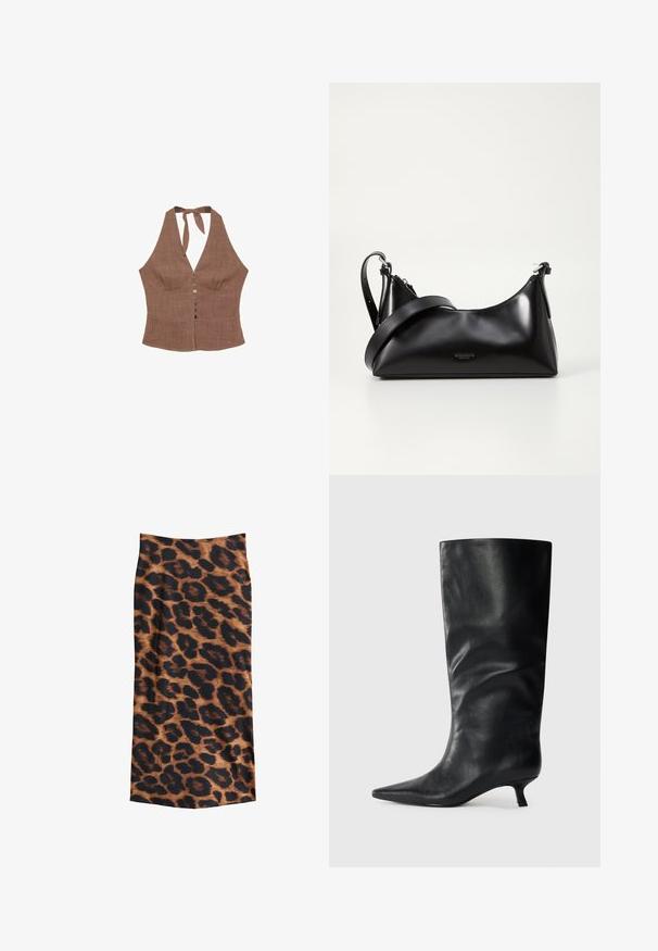 Brązowy top na ramiączkach wykonany z teksturowanej tkaniny, z dekoltem w kształcie litery V, zapięciem na guziki z przodu oraz zawiązywaniem na szyi. Dopasowany krój w okolicy biustu.; Spódnica w panterkę z brązowym i czarnym wzorem, gładką teksturą, długości do kostek oraz dopasowanym krojem.; Czarny skórzany but do kolan z ostrym noskiem i niskim obcasem typu kitten heel, zaprezentowany na jednolitym jasnym tle.; Czarna skórzana torebka o gładkiej fakturze. Posiada regulowany pasek oraz elegancki, minimalistyczny design z zamek błyskawicznym.; Srebrny zegarek ze stali nierdzewnej z kwadratową kopertą, białą tarczą, analogowym i cyfrowym wyświetlaczem oraz metalową bransoletą. Wodoodporna konstrukcja.