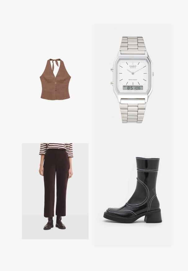 Top marrone a halter realizzato in tessuto testurizzato, con scollatura a V, chiusura frontale con bottoni e legatura al collo. Design del corpo aderente.; Donna che indossa pantaloni a gamba larga a coste marrone scuro, stivali alla caviglia in pelle marrone e una maglietta bianca e bordeaux a righe con maniche a tre quarti.; Stivale alla caviglia in pelle verniciata nera con cuciture bianche, punta arrotondata e tacco a blocco. Presenta linee di design curve e una texture liscia.; Orologio in acciaio inossidabile argentato con cassa quadrata, quadrante bianco, display analogico e digitale, e bracciale a maglie metalliche. Design impermeabile.